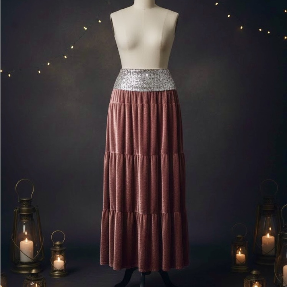 VTG Freda Five Tiered Velvet Velour Maxi Skirt Mauve Sequin Boho Whimsigoth M